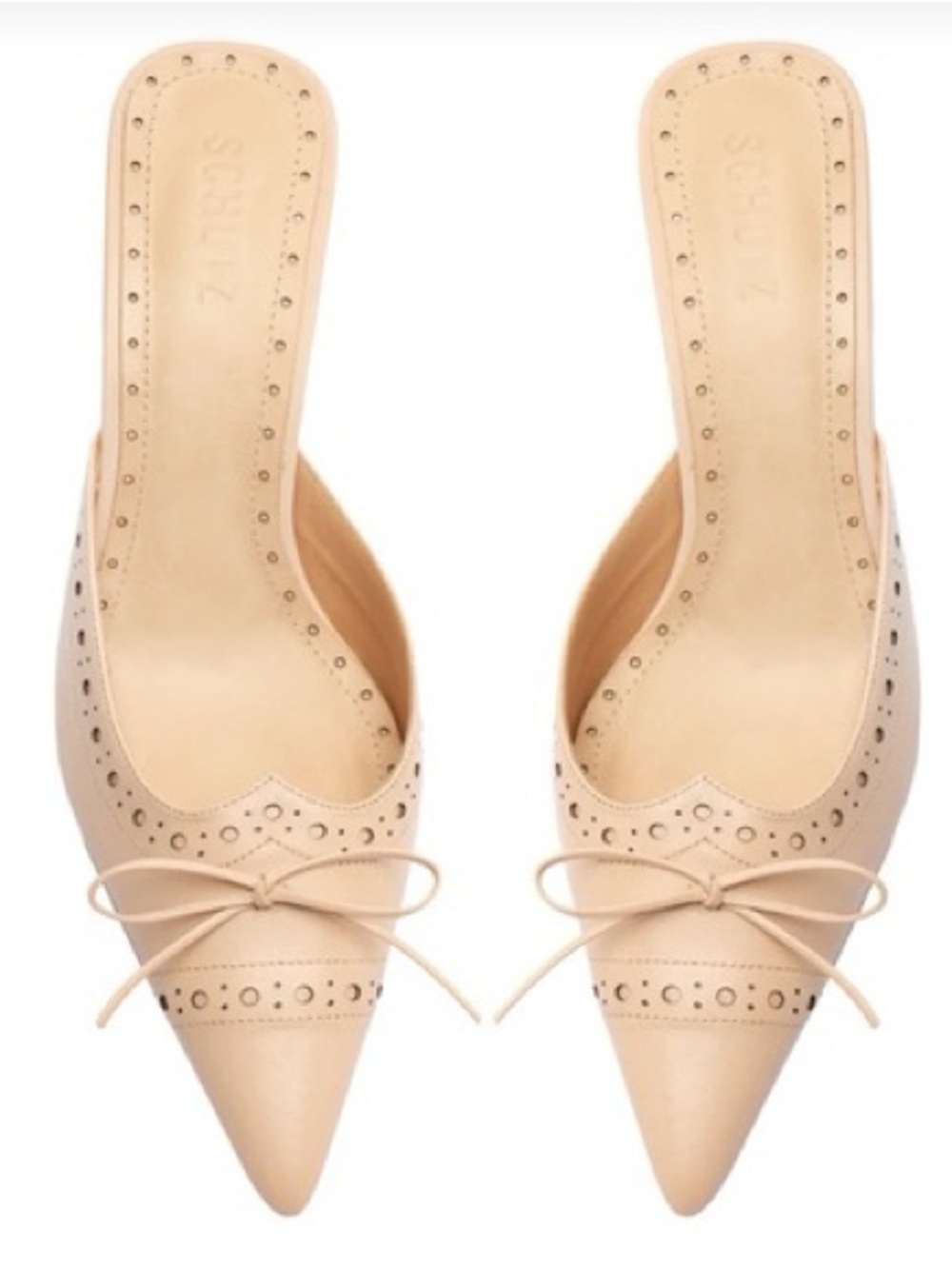 SCHUTZ Minnie Beige Pointed-Toe Slide Mules with Bow Accent